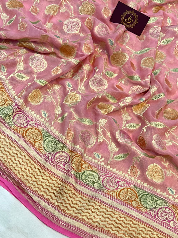 Pink Rangkaat Banarasi Khaddi Georgette Saree - Aura Benaras