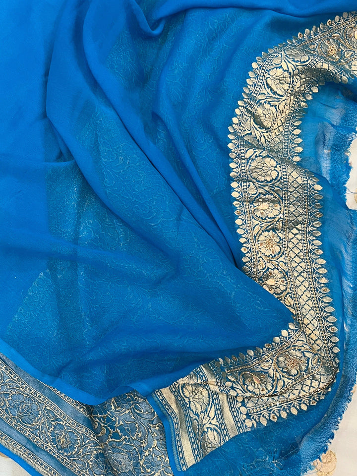 Blue Banarasi Handloom Pure Georgette Saree - Aura Benaras