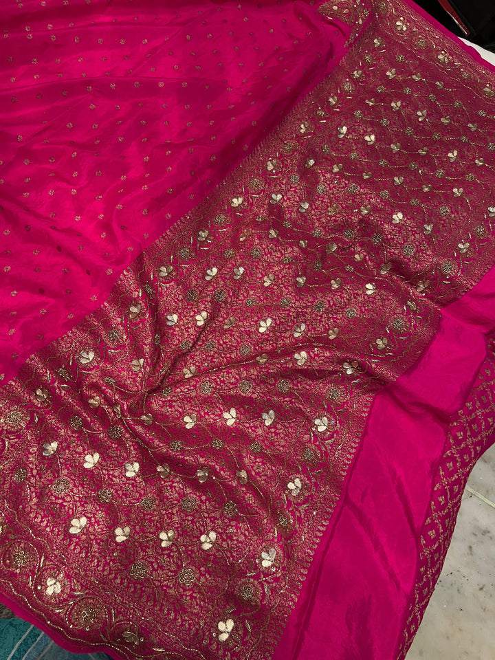 Rani Pink Pure Banarasi Khaddi Crepe Silk Saree
