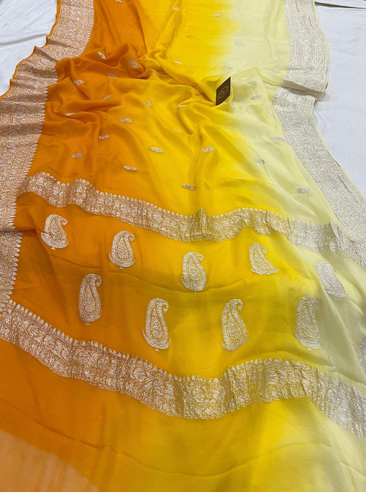 Yellow Khaddi Chiffon Banarasi Handloom Saree - Aura Benaras
