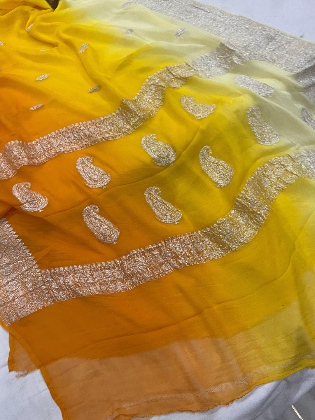 Yellow Khaddi Chiffon Banarasi Handloom Saree - Aura Benaras
