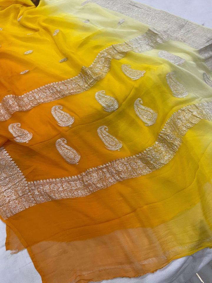 Yellow Khaddi Chiffon Banarasi Handloom Saree - Aura Benaras