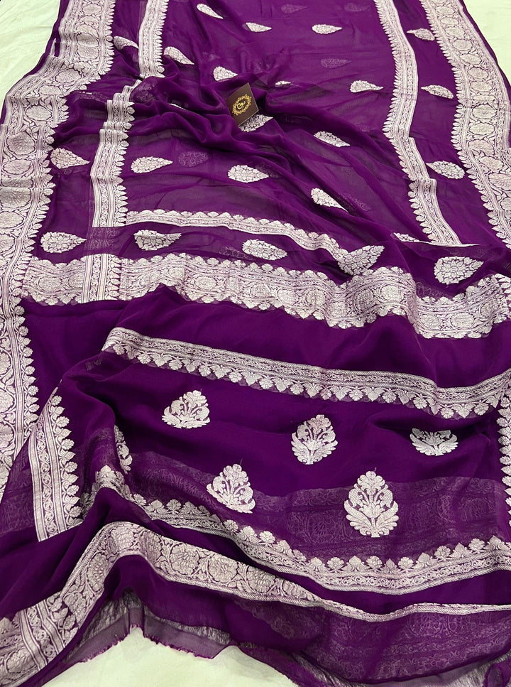 Wine Buta Banarasi Khaddi Chiffon Georgette Saree - Aura Benaras