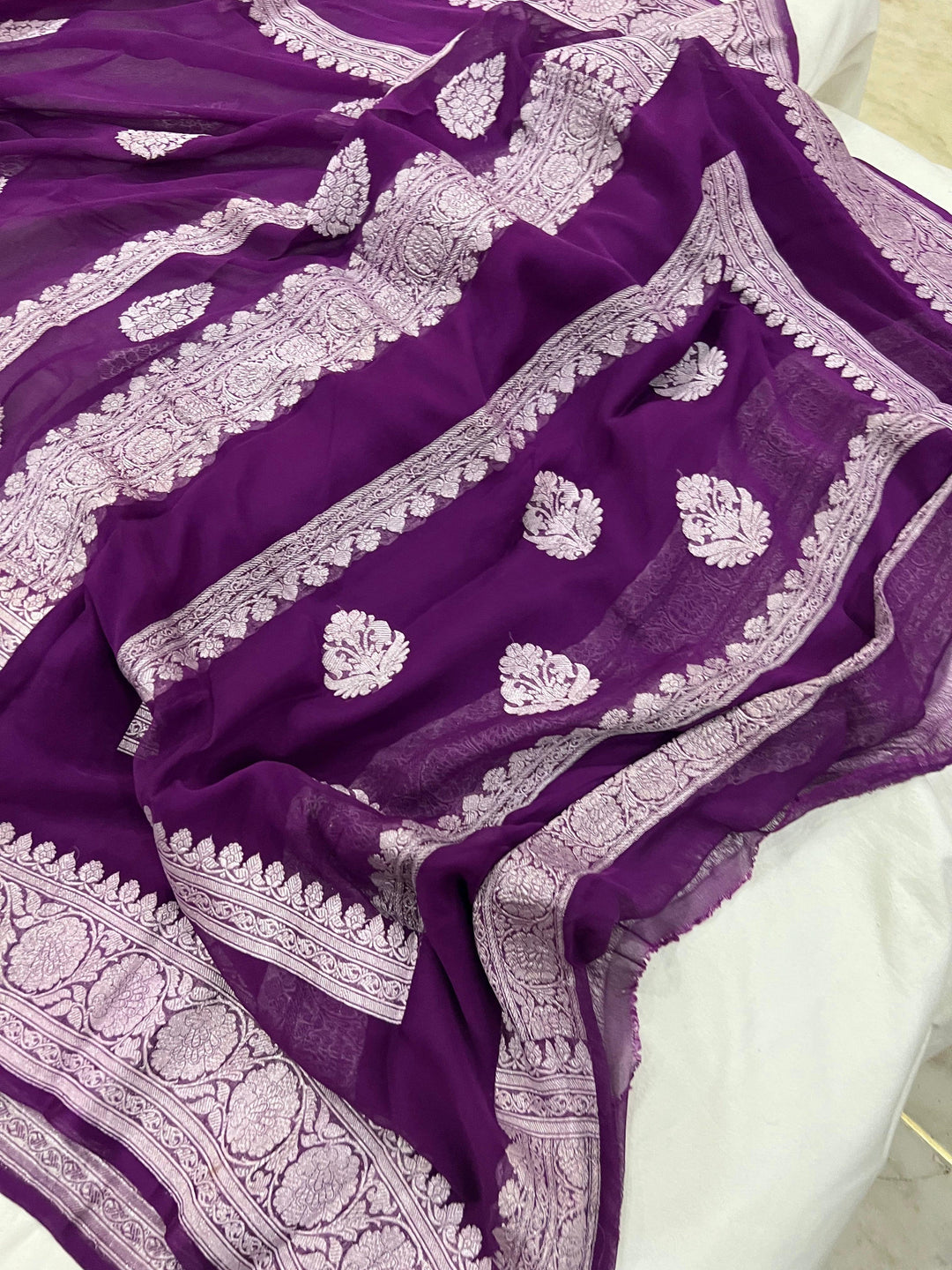 Wine Buta Banarasi Khaddi Chiffon Georgette Saree - Aura Benaras