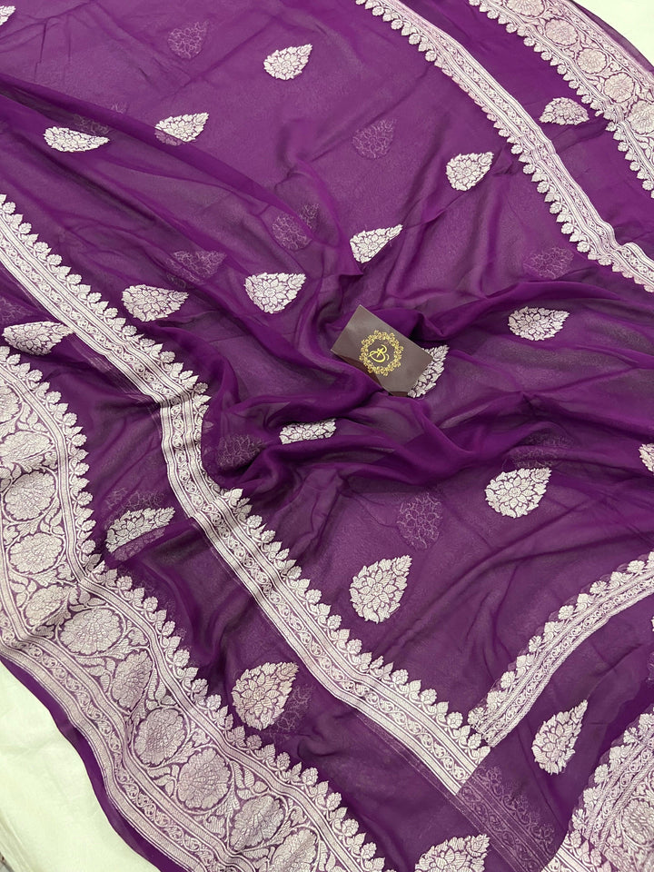 Wine Buta Banarasi Khaddi Chiffon Georgette Saree - Aura Benaras