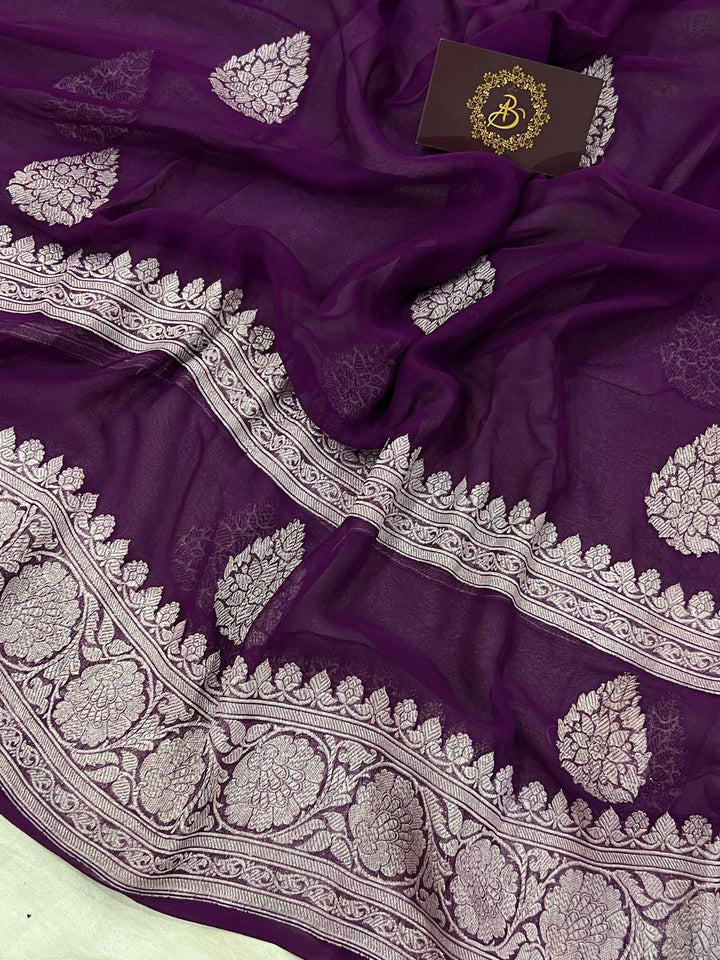 Wine Buta Banarasi Khaddi Chiffon Georgette Saree - Aura Benaras