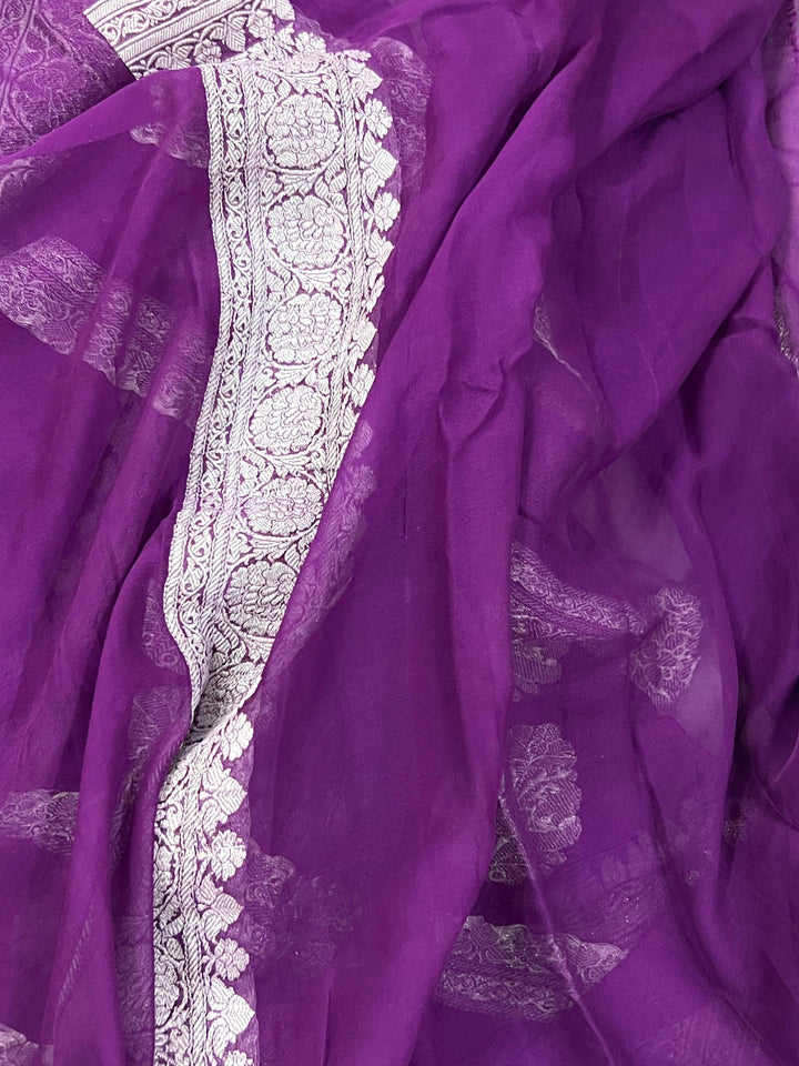 Wine Buta Banarasi Khaddi Chiffon Georgette Saree - Aura Benaras