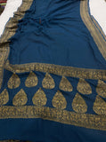Teal Blue Pure Banarasi Handloom Khaddi Georgette Saree - Aura Benaras