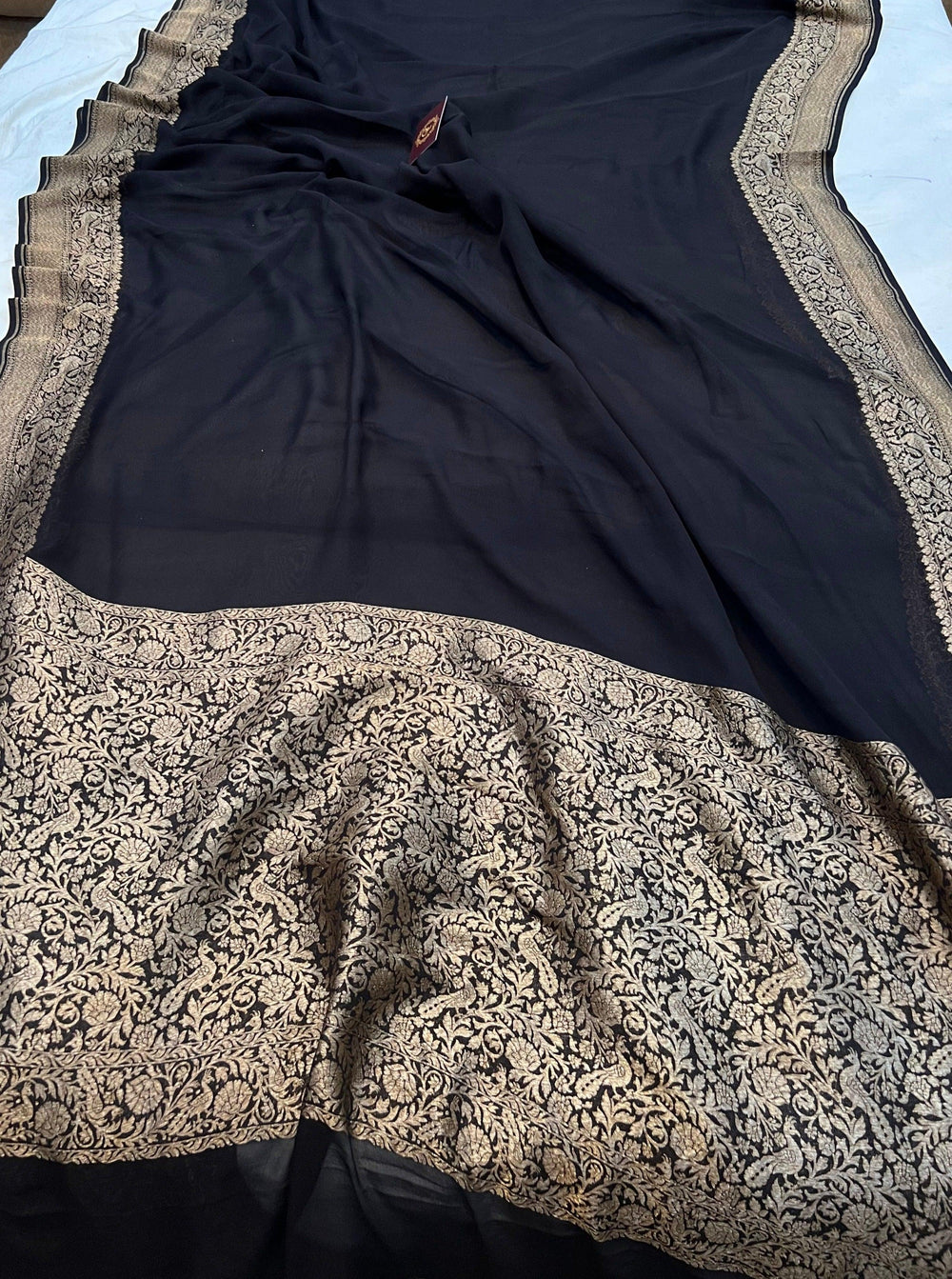 Black Pure Banarasi Khaddi Georgette Saree - Aura Benaras