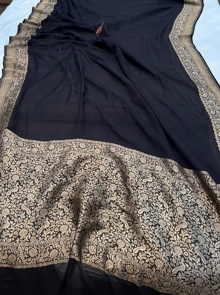 Black Pure Banarasi Khaddi Georgette Saree - Aura Benaras