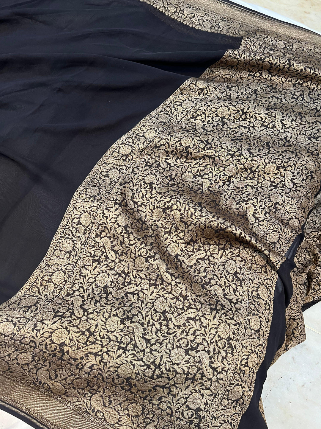 Black Pure Banarasi Khaddi Georgette Saree - Aura Benaras