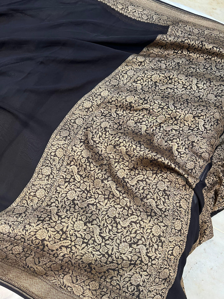 Black Pure Banarasi Khaddi Georgette Saree - Aura Benaras