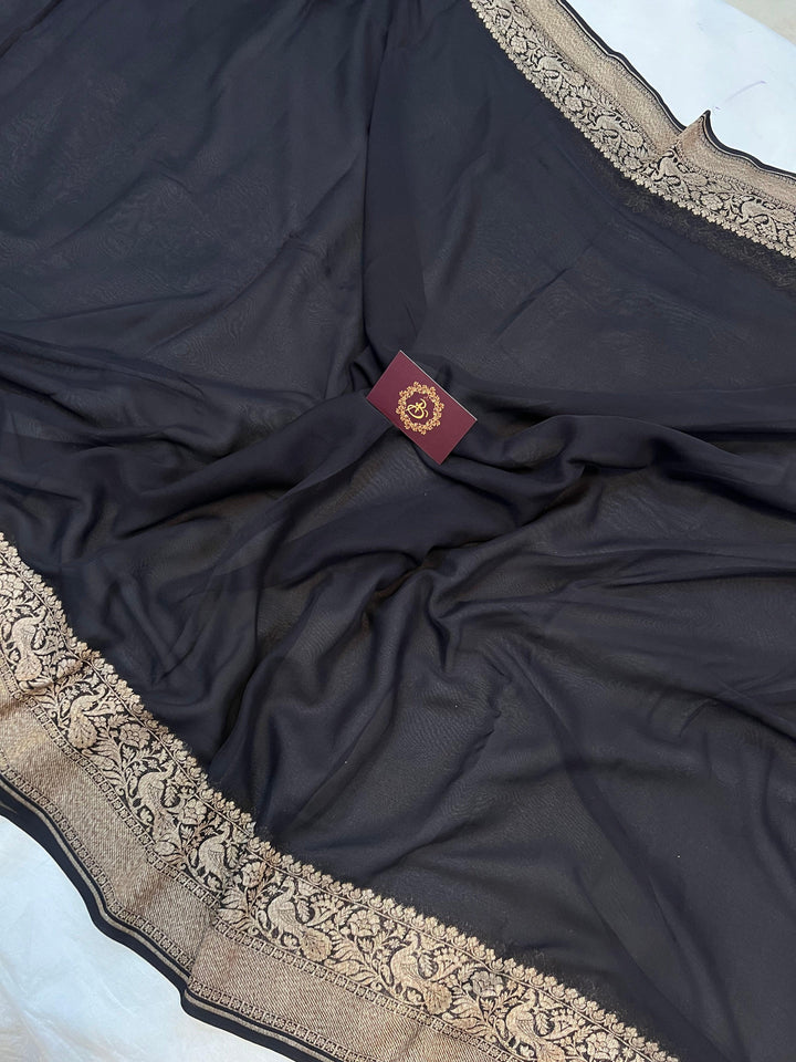 Black Pure Banarasi Khaddi Georgette Saree - Aura Benaras