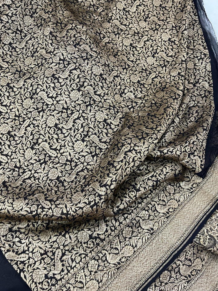 Black Pure Banarasi Khaddi Georgette Saree - Aura Benaras