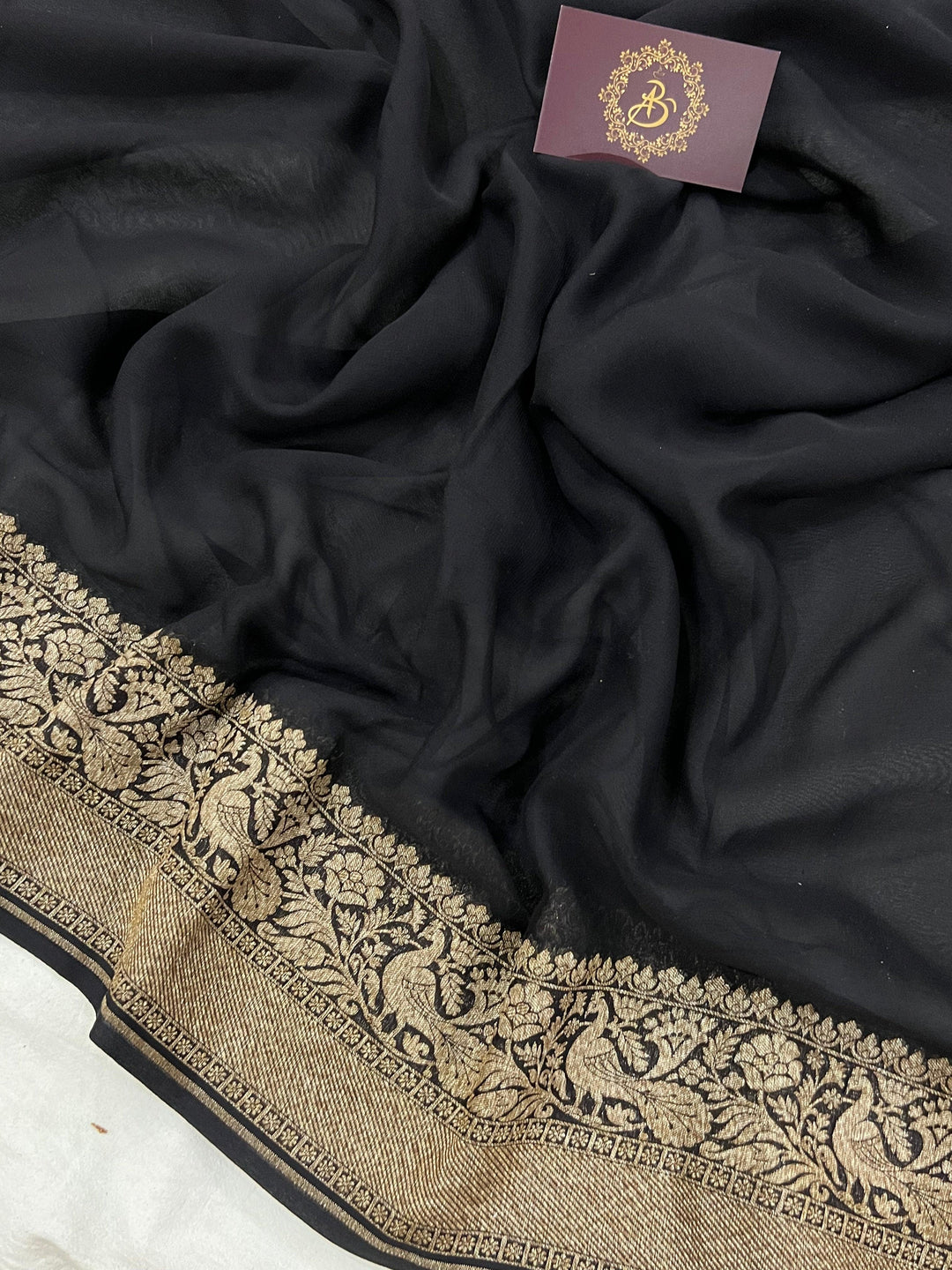 Black Pure Banarasi Khaddi Georgette Saree - Aura Benaras