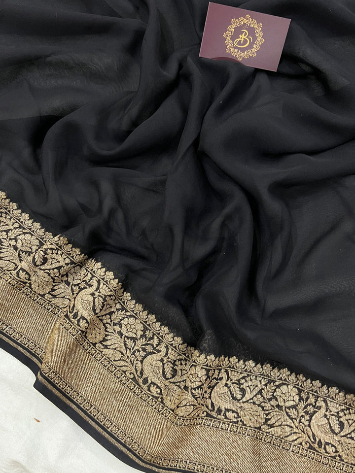 Black Pure Banarasi Khaddi Georgette Saree - Aura Benaras
