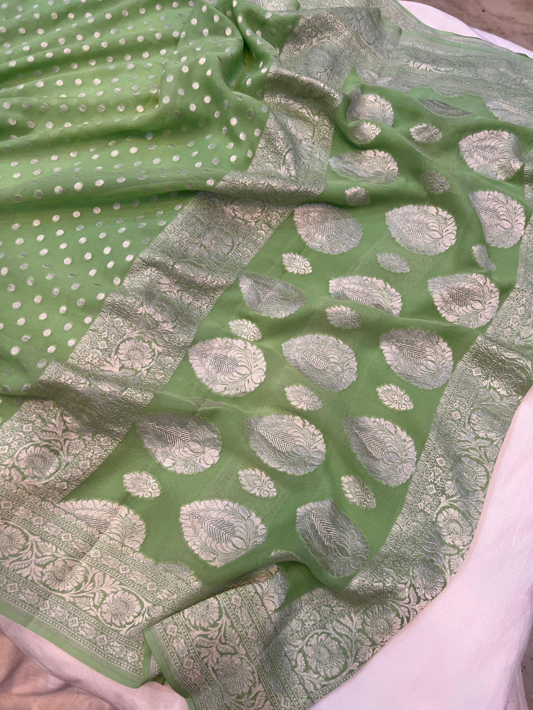 Pista Green Pure Banarasi Handloom Khaddi Georgette Saree - Aura Benaras