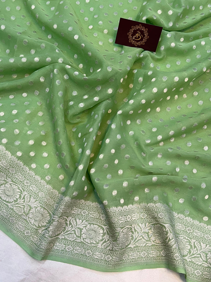 Pista Green Pure Banarasi Handloom Khaddi Georgette Saree - Aura Benaras