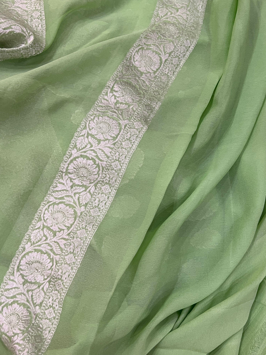 Pista Green Pure Banarasi Handloom Khaddi Georgette Saree - Aura Benaras