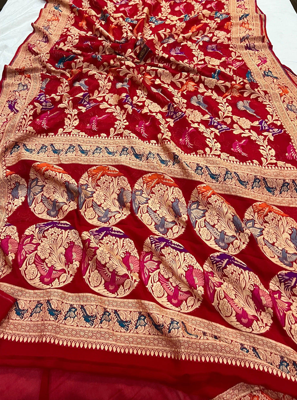 Red Banarasi Khaddi Georgette Saree - Aura Benaras