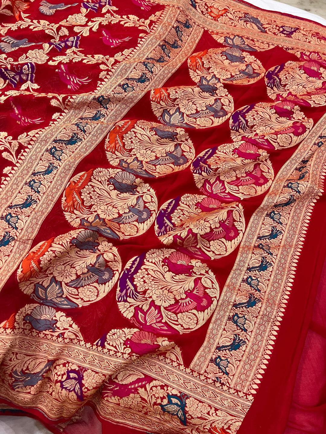 Red Banarasi Khaddi Georgette Saree - Aura Benaras
