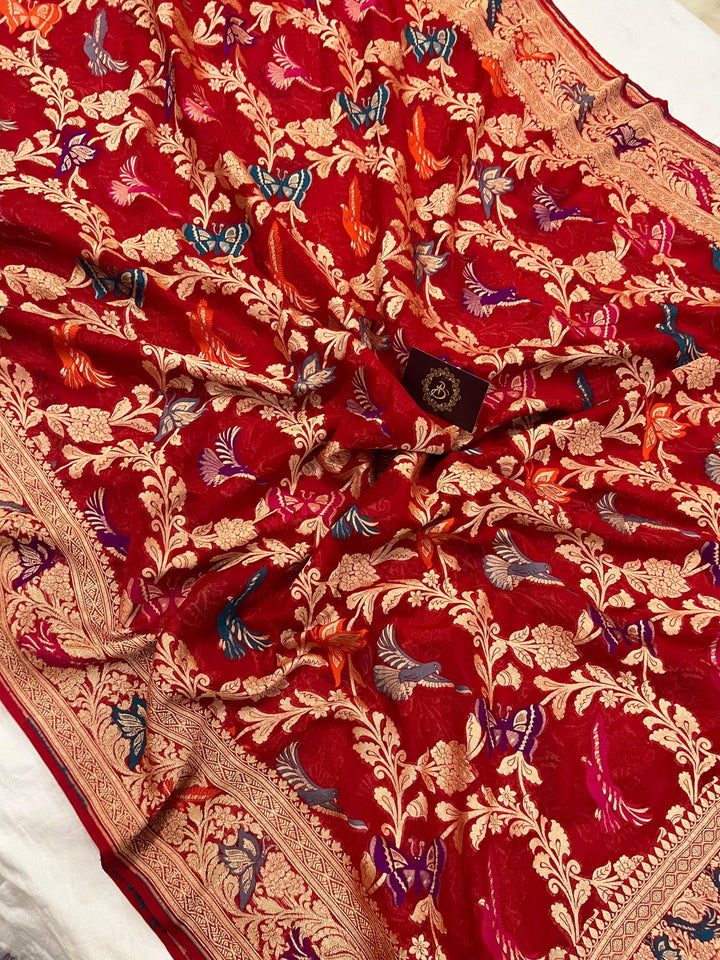 Red Banarasi Khaddi Georgette Saree - Aura Benaras