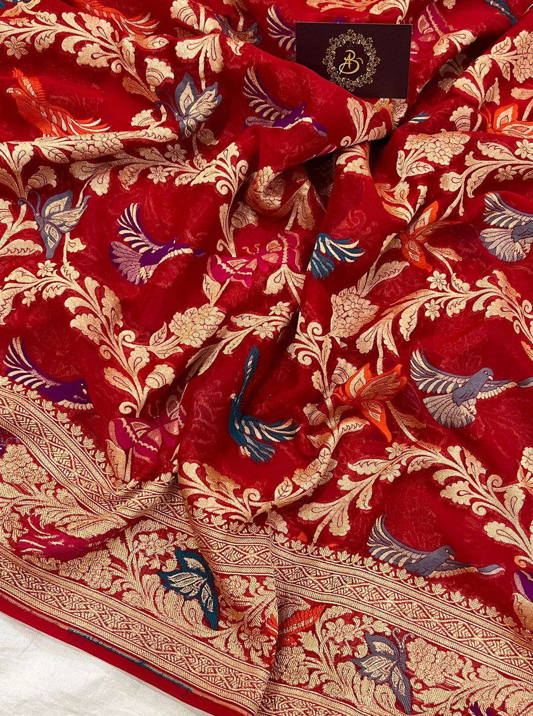 Red Banarasi Khaddi Georgette Saree - Aura Benaras