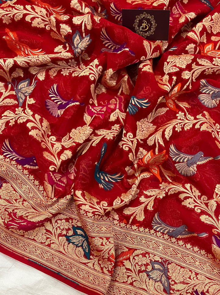 Red Banarasi Khaddi Georgette Saree - Aura Benaras