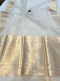 White Banarasi Handloom Kora Silk Saree - Aura Benaras