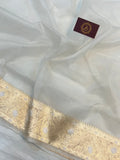 White Banarasi Handloom Kora Silk Saree - Aura Benaras