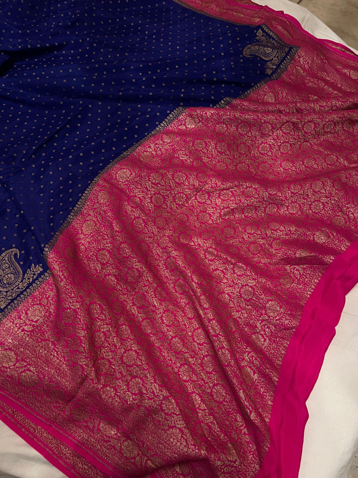 Royal Blue Pure Banarasi Khaddi Crepe Silk Saree - Aura Benaras