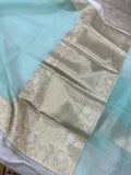 Pastel Blue Banarasi Handloom Kora Silk Saree - Aura Benaras