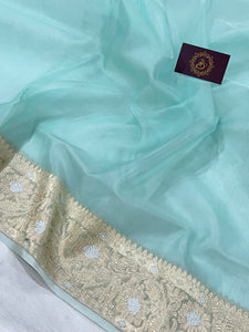 Pastel Blue Banarasi Handloom Kora Silk Saree - Aura Benaras