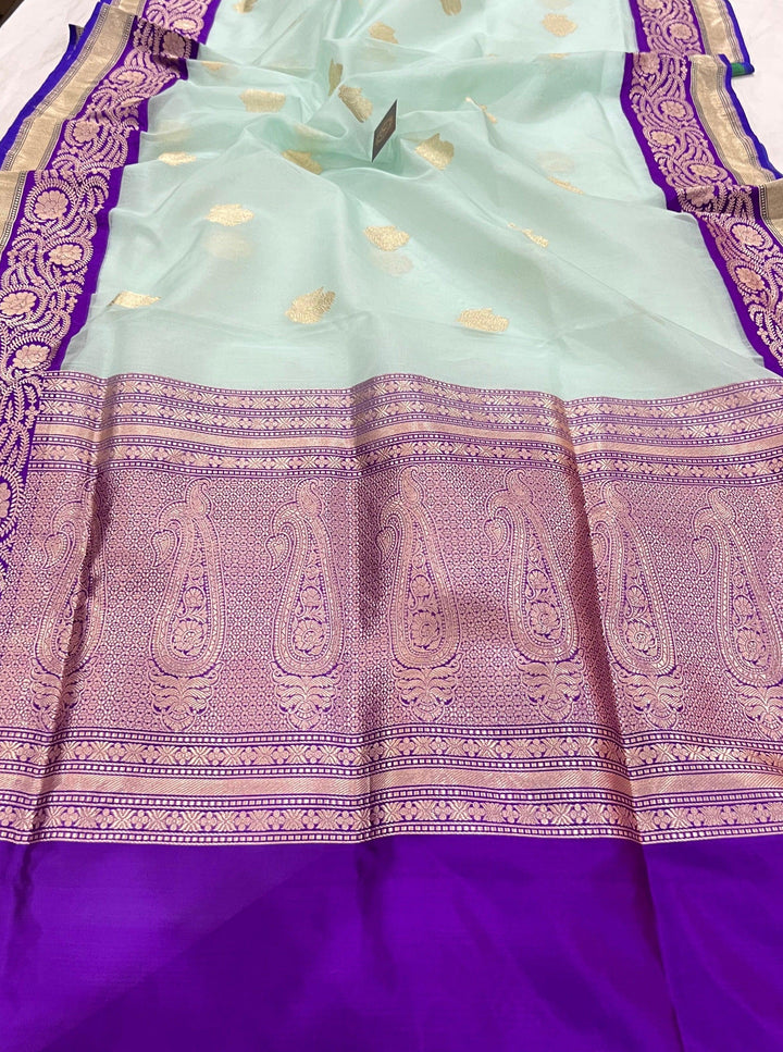 Pastel Blue Banarasi Handloom Kora Silk Saree - Aura Benaras