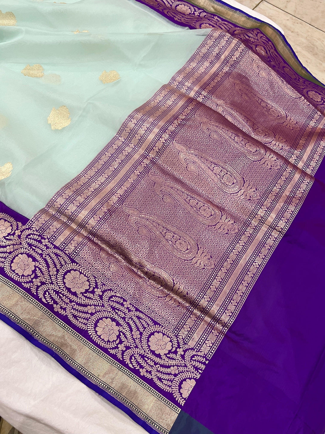 Pastel Blue Banarasi Handloom Kora Silk Saree - Aura Benaras