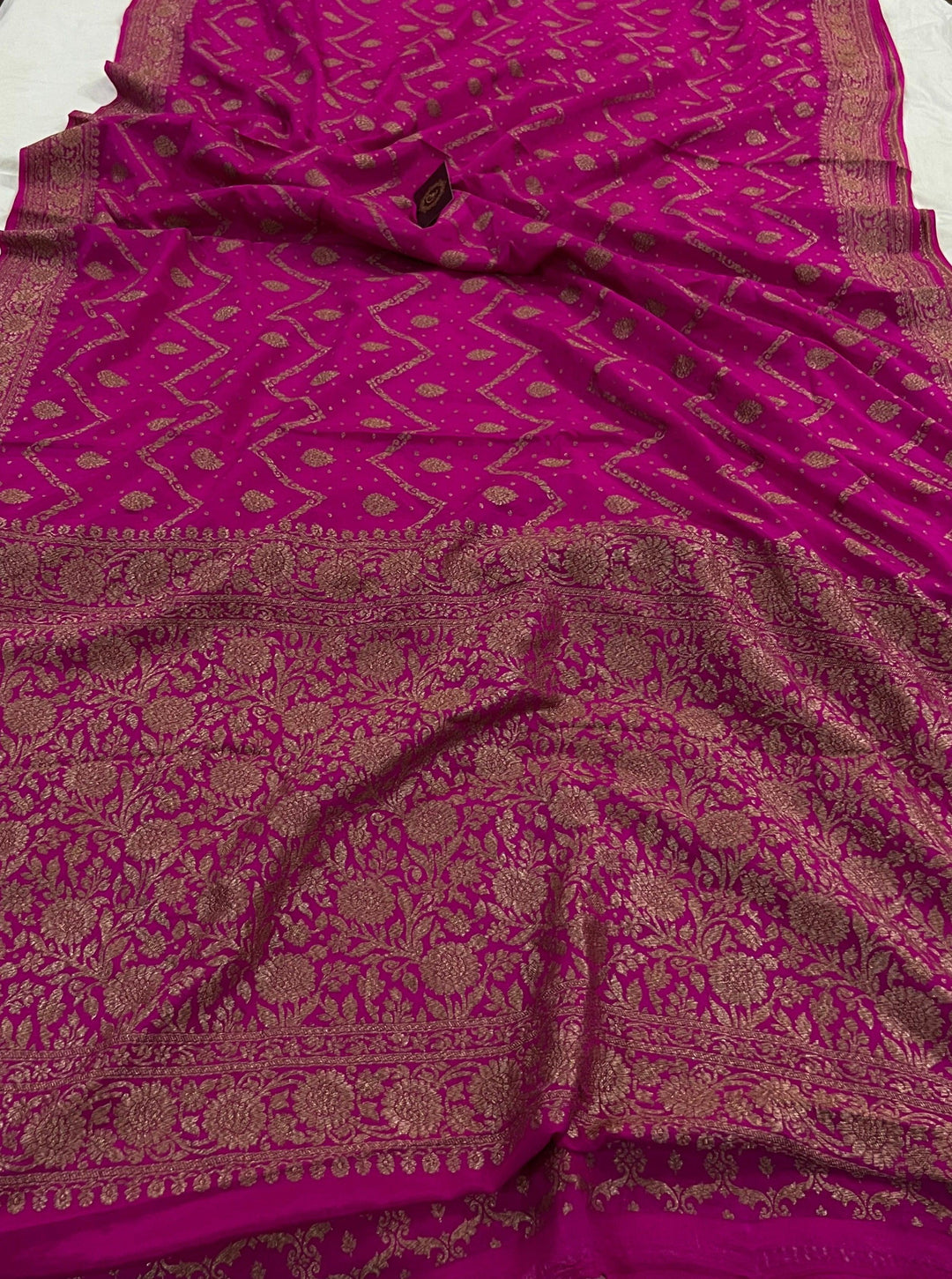 Rani Pink Pure Banarasi Khaddi Crepe Silk Saree - Aura Benaras