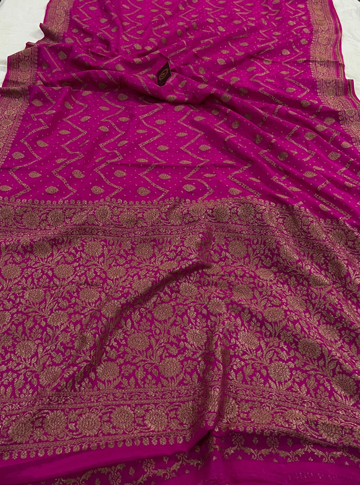Rani Pink Pure Banarasi Khaddi Crepe Silk Saree - Aura Benaras