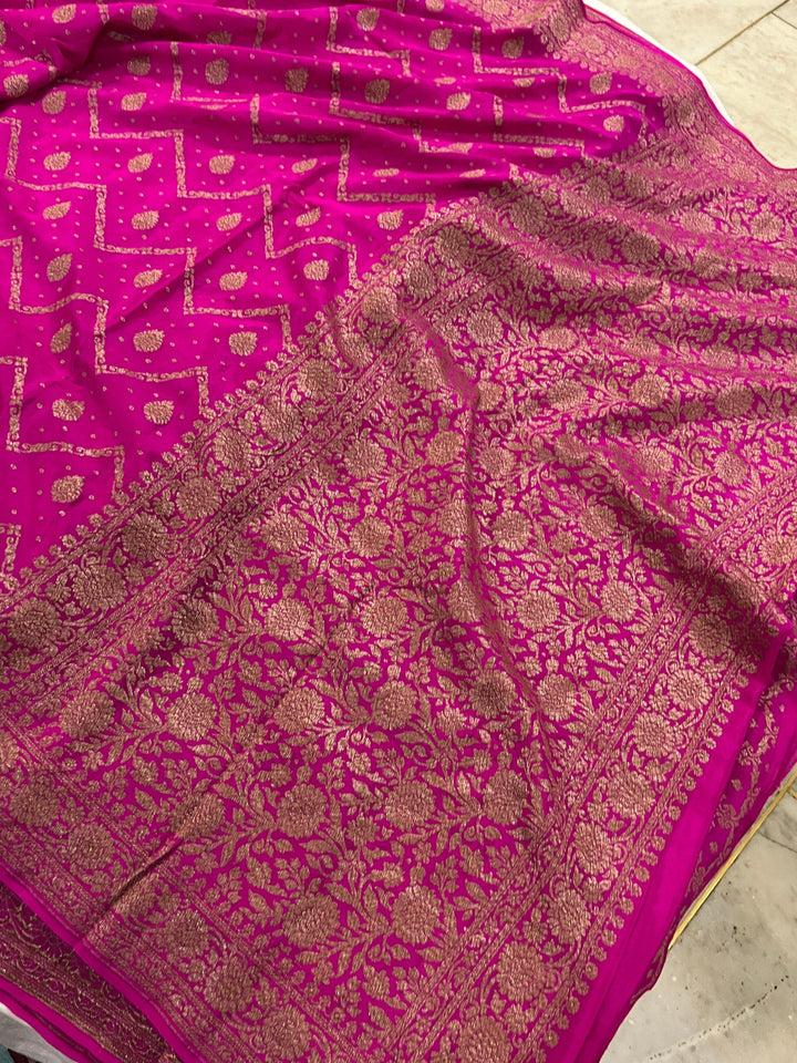 Rani Pink Pure Banarasi Khaddi Crepe Silk Saree - Aura Benaras