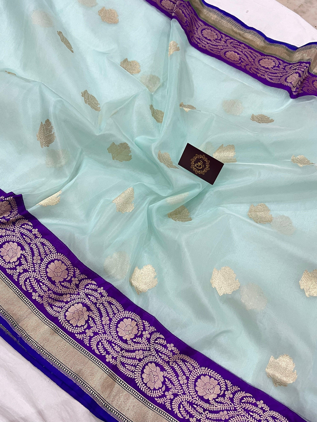 Pastel Blue Banarasi Handloom Kora Silk Saree - Aura Benaras