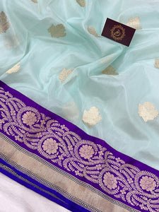 Pastel Blue Banarasi Handloom Kora Silk Saree - Aura Benaras