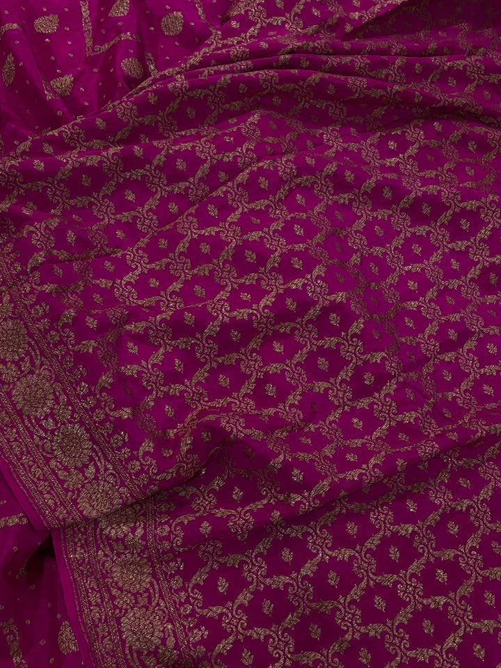 Rani Pink Pure Banarasi Khaddi Crepe Silk Saree - Aura Benaras