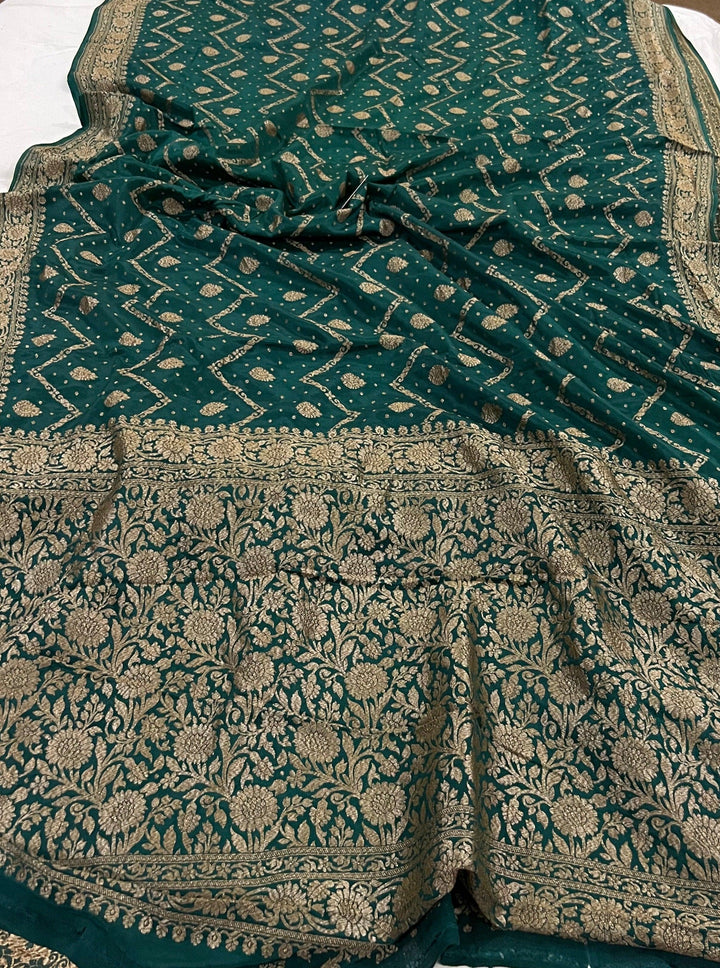 Bottle green Pure Banarasi Khaddi Crepe Silk Saree