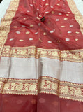 Onion Banarasi Handloom Kora Silk Saree - Aura Benaras