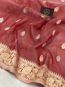 Onion Banarasi Handloom Kora Silk Saree - Aura Benaras