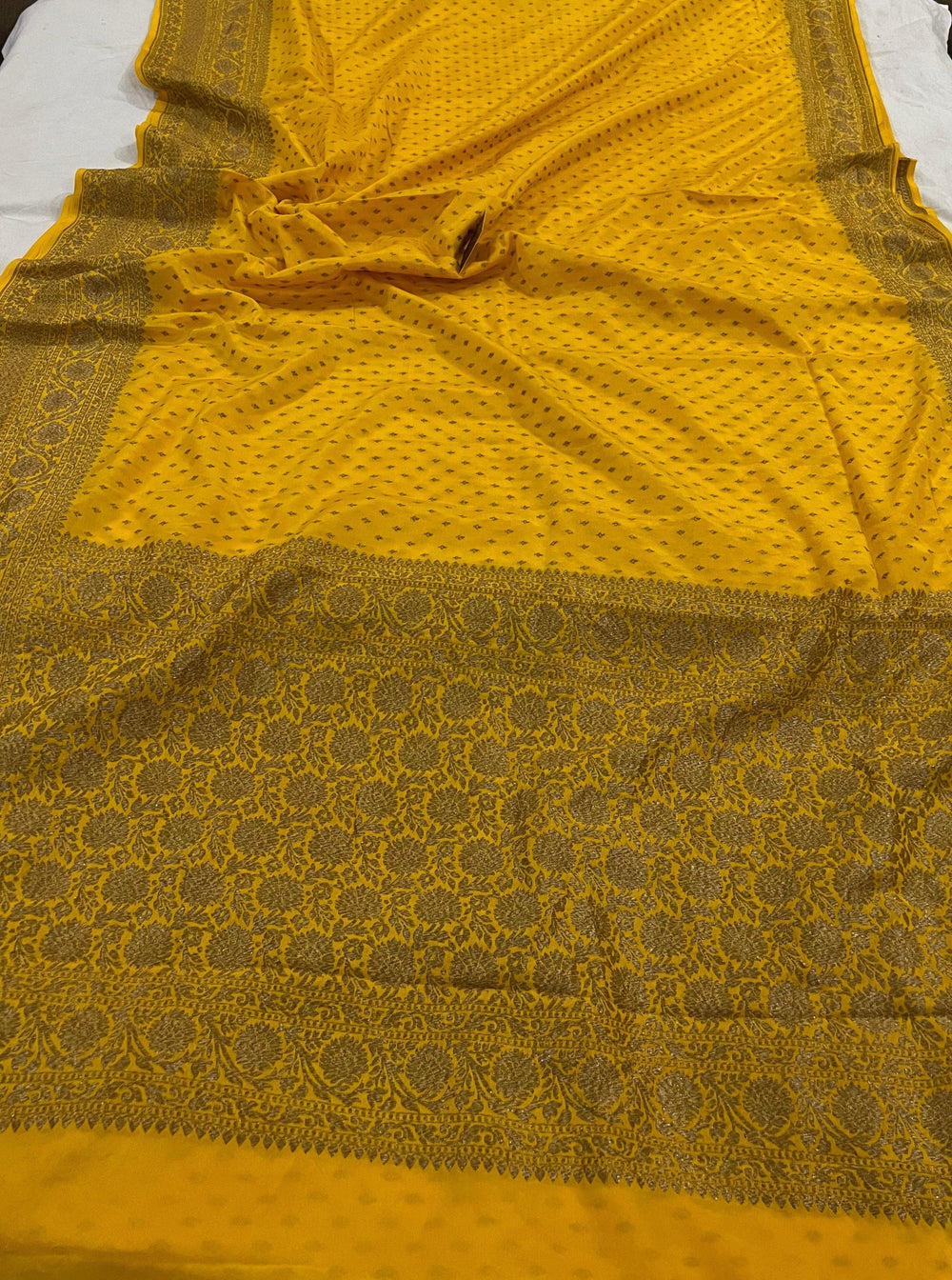 Yellow Pure Banarasi Khaddi Crepe Silk Saree - Aura Benaras