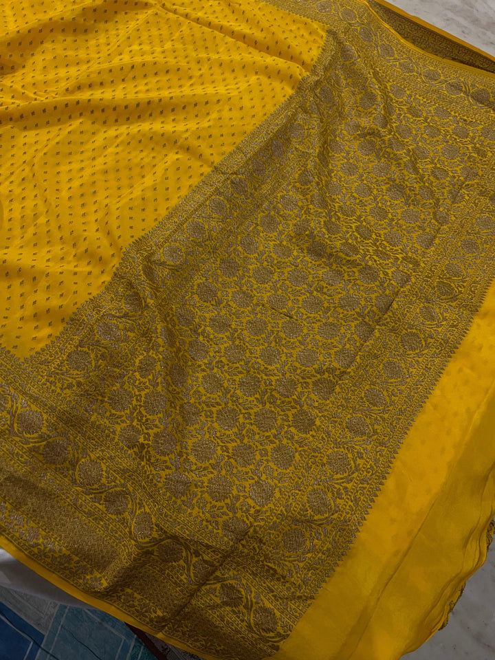 Yellow Pure Banarasi Khaddi Crepe Silk Saree - Aura Benaras