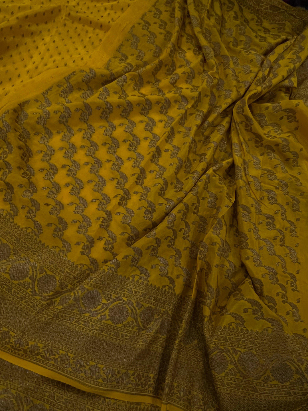 Yellow Pure Banarasi Khaddi Crepe Silk Saree - Aura Benaras