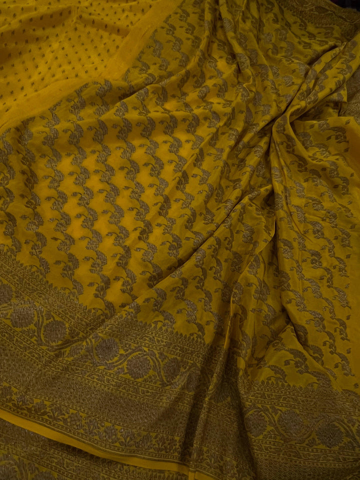 Yellow Pure Banarasi Khaddi Crepe Silk Saree - Aura Benaras
