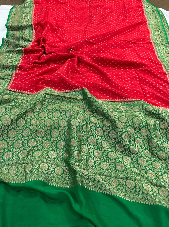 Red Pure Banarasi Khaddi Crepe Silk Saree - Aura Benaras