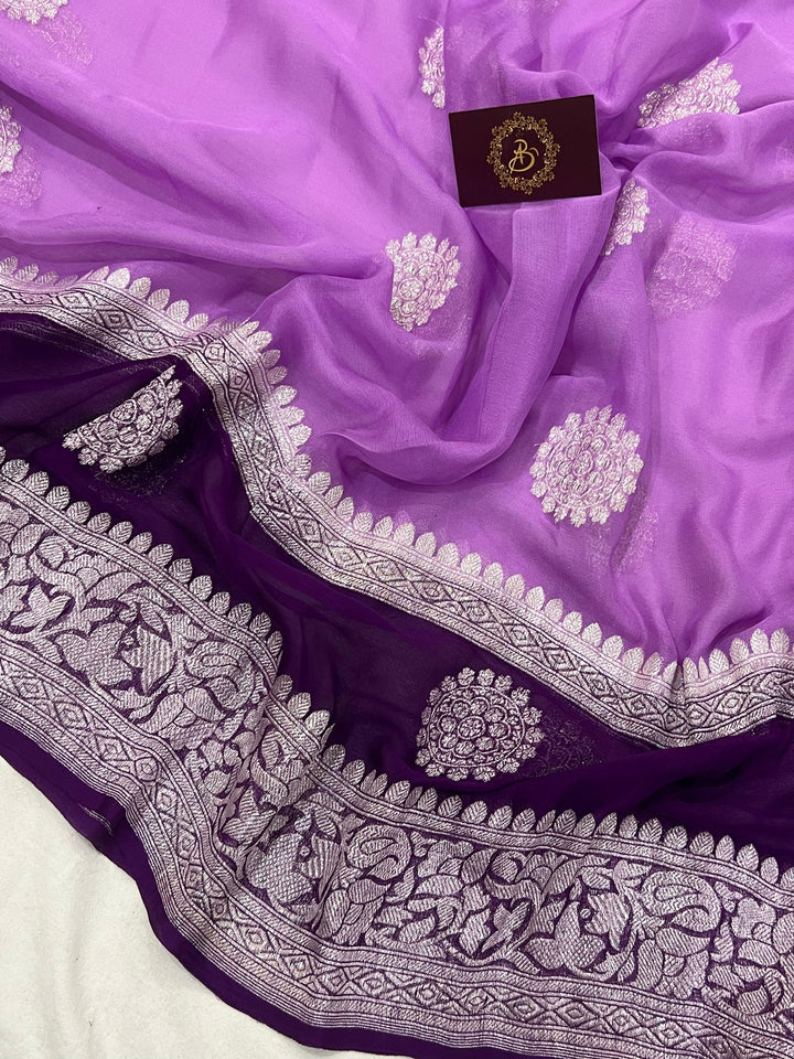 Lilac Buta Banarasi Khaddi Chiffon Georgette Saree - Aura Benaras